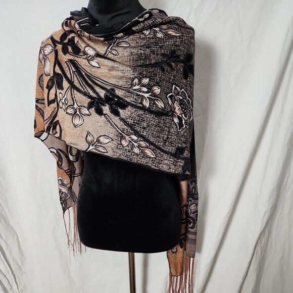 Scarf Wrap Floral Hollow Out Black Brown Fringed 64 x 17 Metallic Silver - Picture 3 of 7
